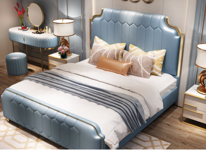 Modern Bett Doppelbett Betten Holz Blau Stil Holz Schlafzimmer Neu